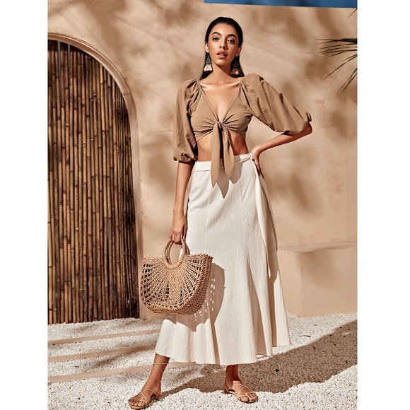 Tie Front Khaki Crop Top - Picture 3 of 6